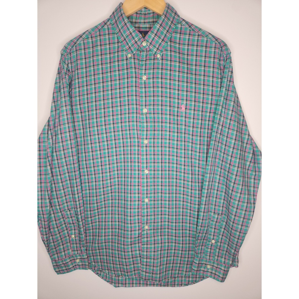 Polo Ralph Lauren Mens Large Plaid Button Up Shirt Green Pink Long Sleeve